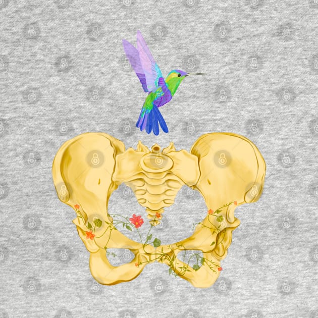 Bones of female pelvis with hummingbird in watercolor by Carola-art